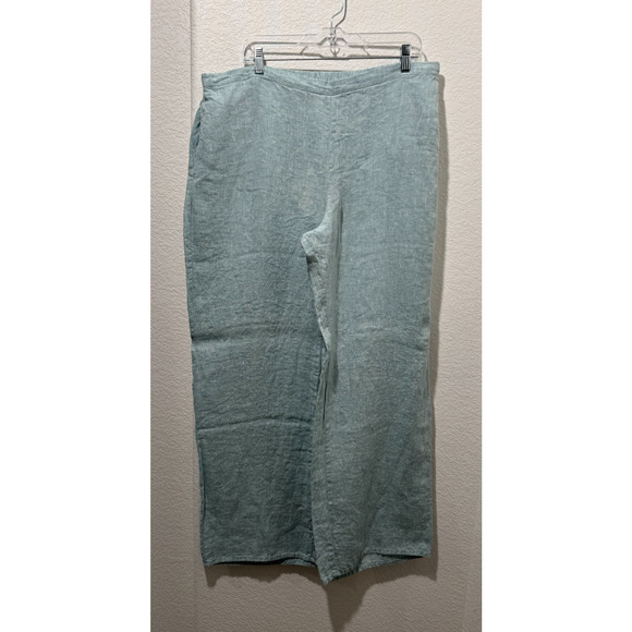 NWT Flax Linen Seafoam Green Pants High Rise Wide Leg Pull-On Lagenlook Sz L - Picture 1 of 10